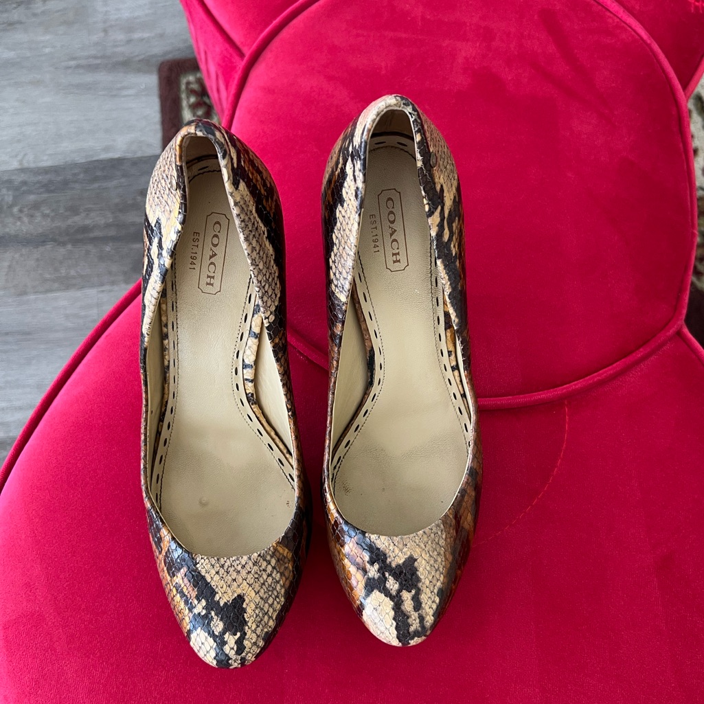 Coach Buffy High Heels Pumps In Brown Snake/Python Skin.
